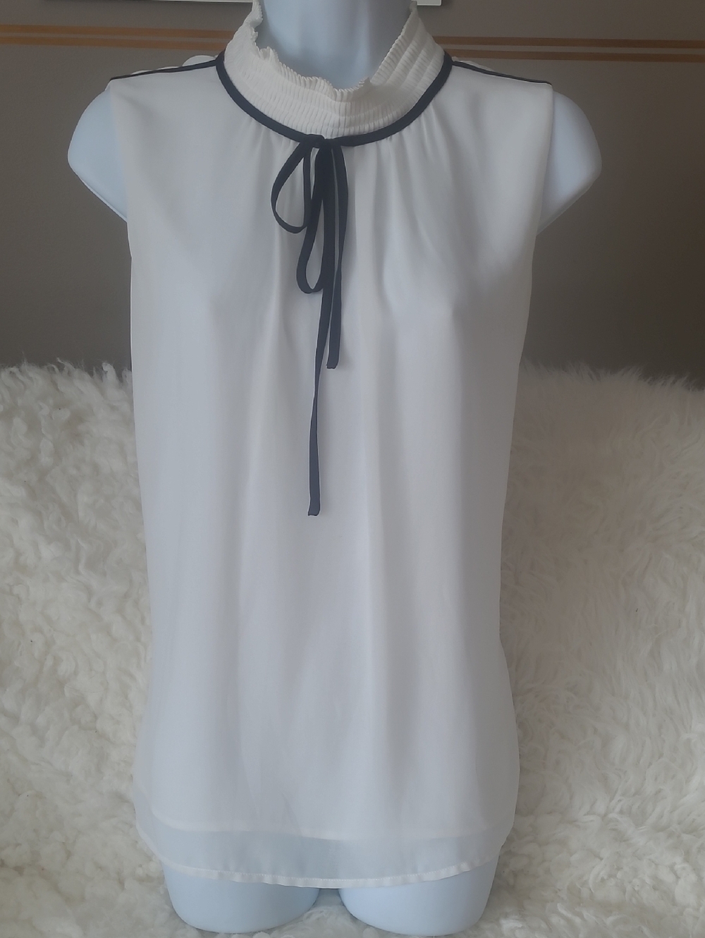 Karl Lagerfeld White Sleeveless Bow Tie-Neck Top with Black Trim